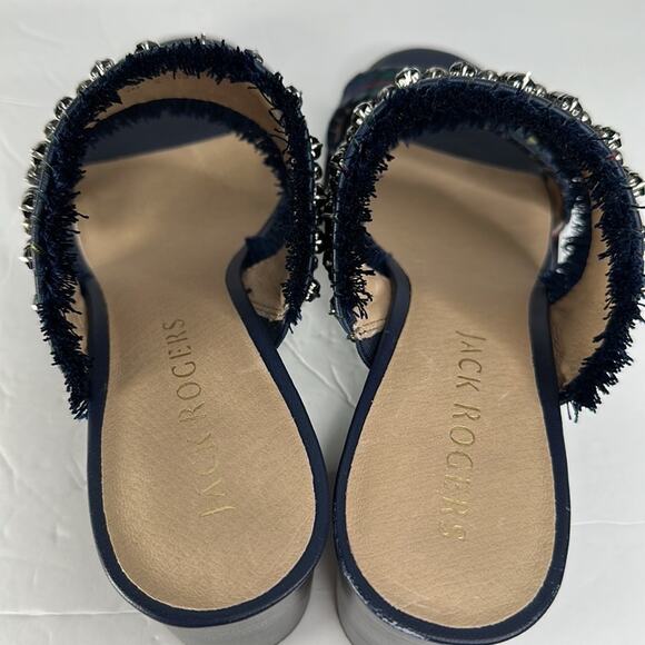 Jack Rogers Beatrix Bejeweled Plaid Block Heel Sandal Navy Green Size 9 New - Picture 6 of 14